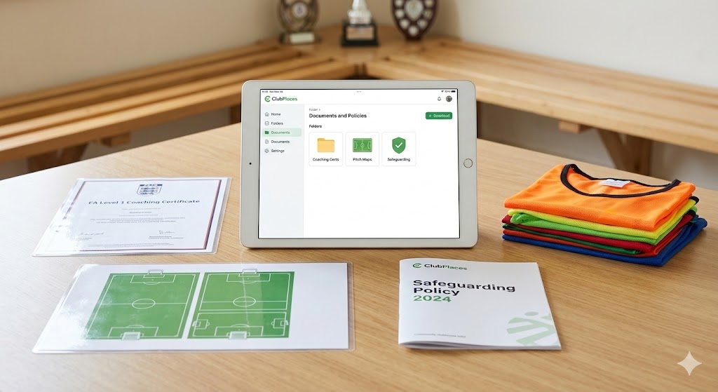 A tablet on a club desk showing the ClubPlaces documents and policies screen, surrounded by coaching certificates, pitch maps, and team bibs