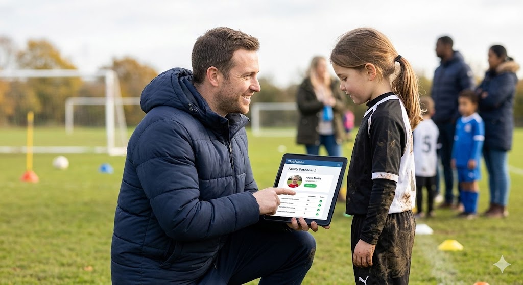 A father kneeling on a football pitch showing his daughter's ClubPlaces family dashboard on a tablet